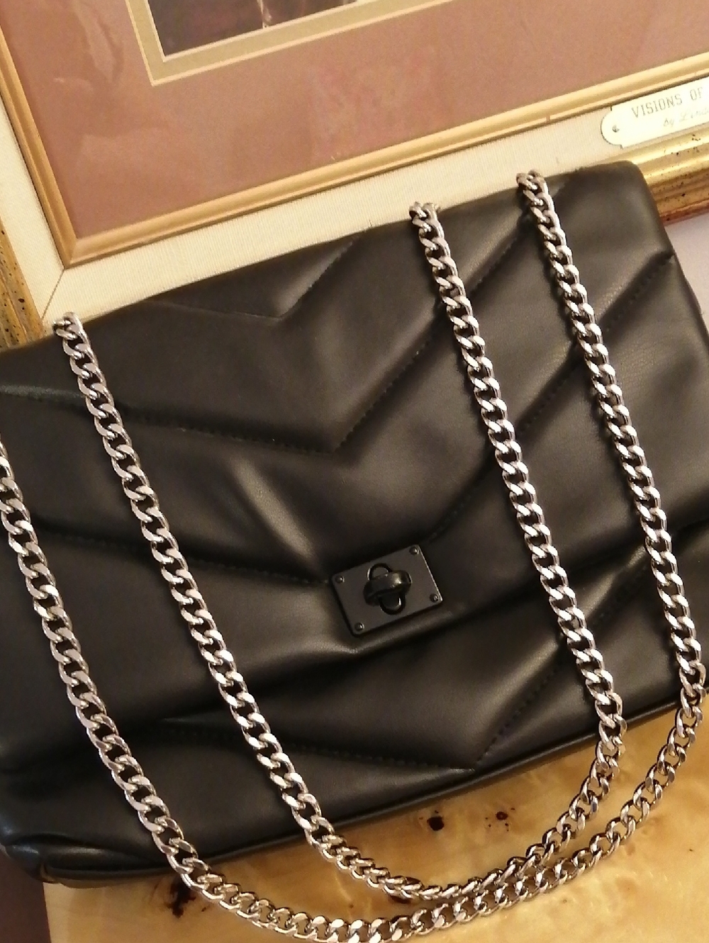 Quilted Black Vegan Leather Shoulder Bag/Hand Bag with Chain Straps